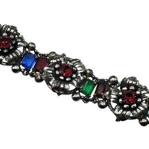 VIntage Rhinestone Bracelet Multicolored Stones Floral Links Flower Costume Jewe